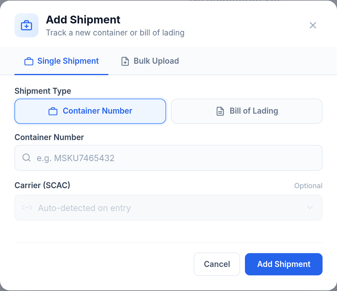 The Add Shipment dialog: tabs for a single shipment or a bulk upload, a choice between container number and bill of lading, the reference field, and an optional carrier field marked auto-detected on entry.