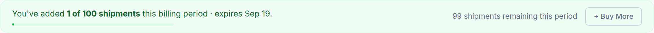 The usage banner on the shipment list, reading: You have added 1 of 100 shipments this billing period, expires Sep 19 — 99 shipments remaining this period.