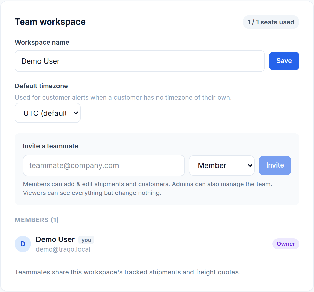 The Team workspace card in Settings, with a field for a teammate email address and a role selector.